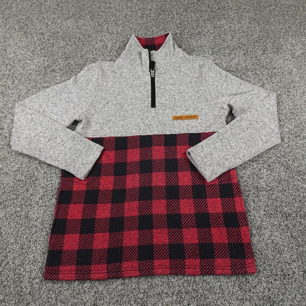 Simply Southern Sweater Womens S Red Black Gray Check Pullover 1/4 Zip Preppy